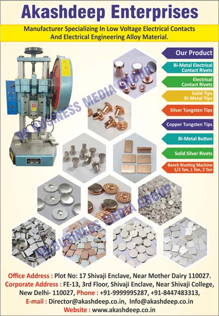 Low Voltage Electrical Contacts, Electrical Engineering Alloy Materials, Bi-Metal Electrical Contact Rivets, Electrical Contact Rivets, Solid Tipe, Bi-Metal Tips, Silver Tungsten Tips, Copper Tunsten Tips, Bi-Metal Buttons, Solid Silver Rivets, Bench Riveting Machines
