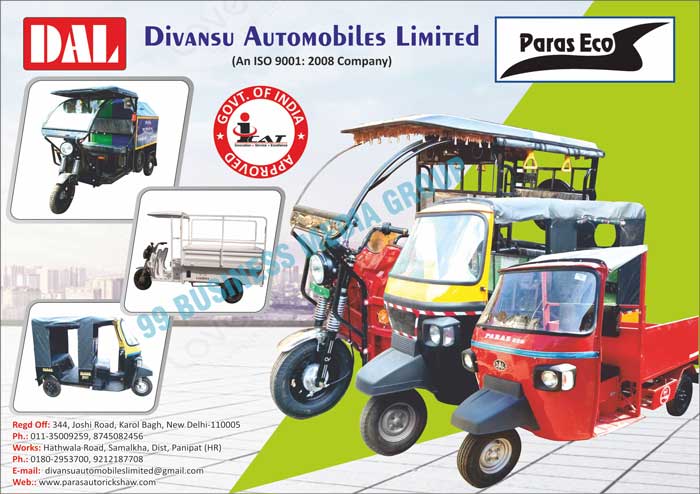 Three Wheeler Autorickshaws, Load Carriers, Battery Rickshaws, Solar Rickshaws, Auto lighting Components, Electrical Components