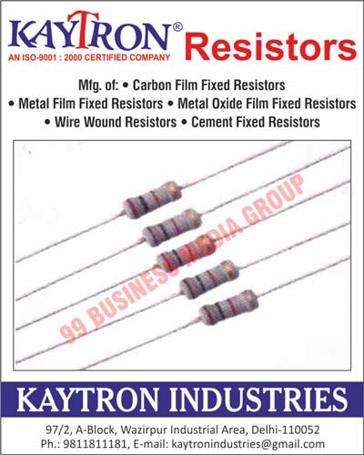 Resistors, Carbon Film Fixed Resistors, Metal Film Fixed Resistors, Metal Oxide Film Fixed Resistors, Wire Wound Resistors, Cement Fixed Resistors