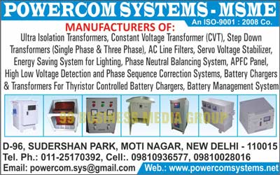 Static Voltage Stabilizers, Servo Voltage Stabilizers, CVT, Constant Voltage Transformers, Isolation Transformers, Phase Balancing Systems, Neutral Balancing Systems, Lighting Energy Saving Systems, Sine Wave Inverters, Ultra Isolation Transformers, Constant Voltage Transformers, Step Down Transformers, Single Phase Constant Voltage Transformers, Three Phase Constant Voltage Transformers, Ac Line Filters, Servo Voltage Stabilizers, Lighting Energy Saving Systems, Phase Neutral Balancing Systems, APFC Panels, High Low Voltage Detections, Phase Sequence Correction Systems, Battery Chargers, Thyristor Controlled Battery Charger Transformers, Battery Management Systems